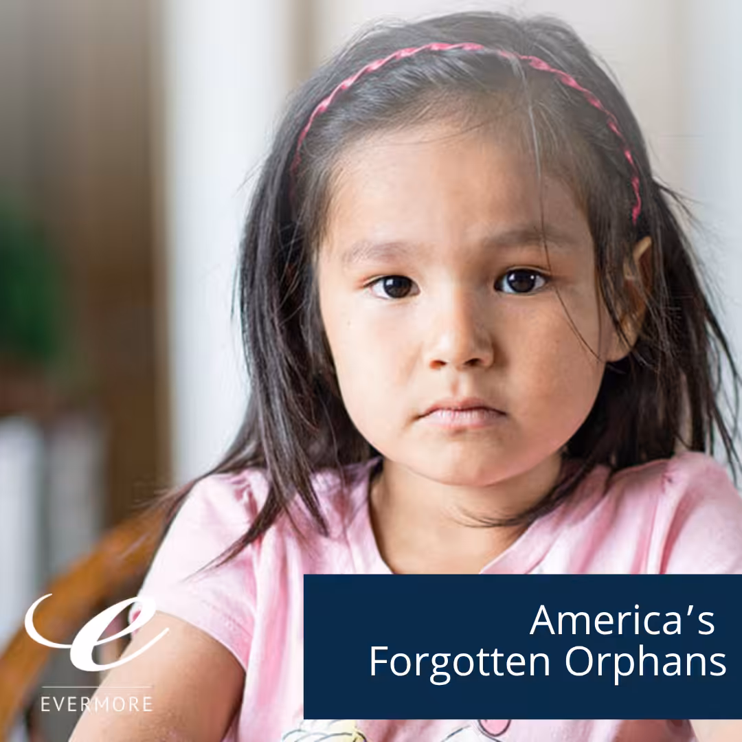 Young girl with a headband and pink shirt. Subtitle reads, "America's Forgotten Orphans."