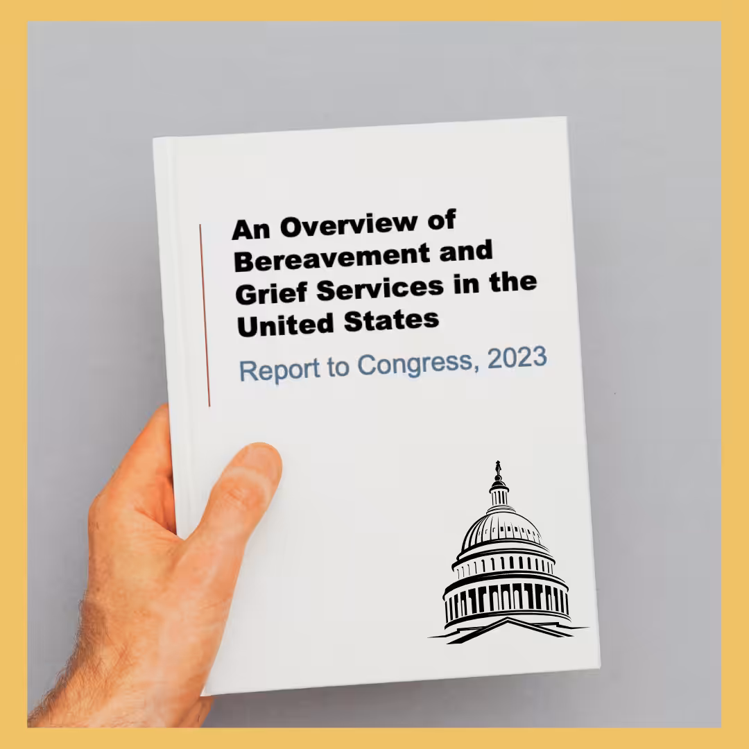 White book with the title, "An Overview of Bereavement and Grief in the United States, A Report to Congress, 2023."