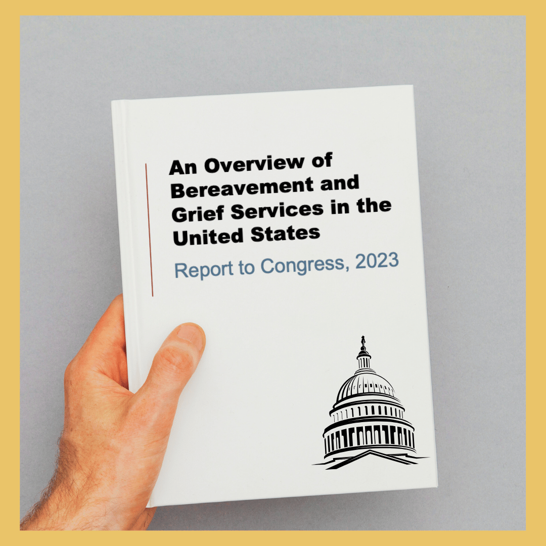 White book with the title, "An Overview of Bereavement and Grief in the United States, A Report to Congress, 2023."