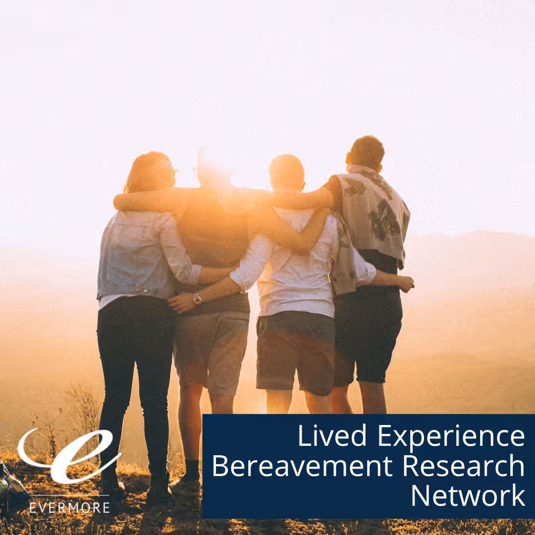A group hug at sunrise on overlooking a valley, with the subtitle "Lived Experience Bereavement Research Network."